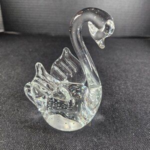 Vintage Handcrafted Art Glass Clear Swan Figurine Featuring Controlled Bubbles